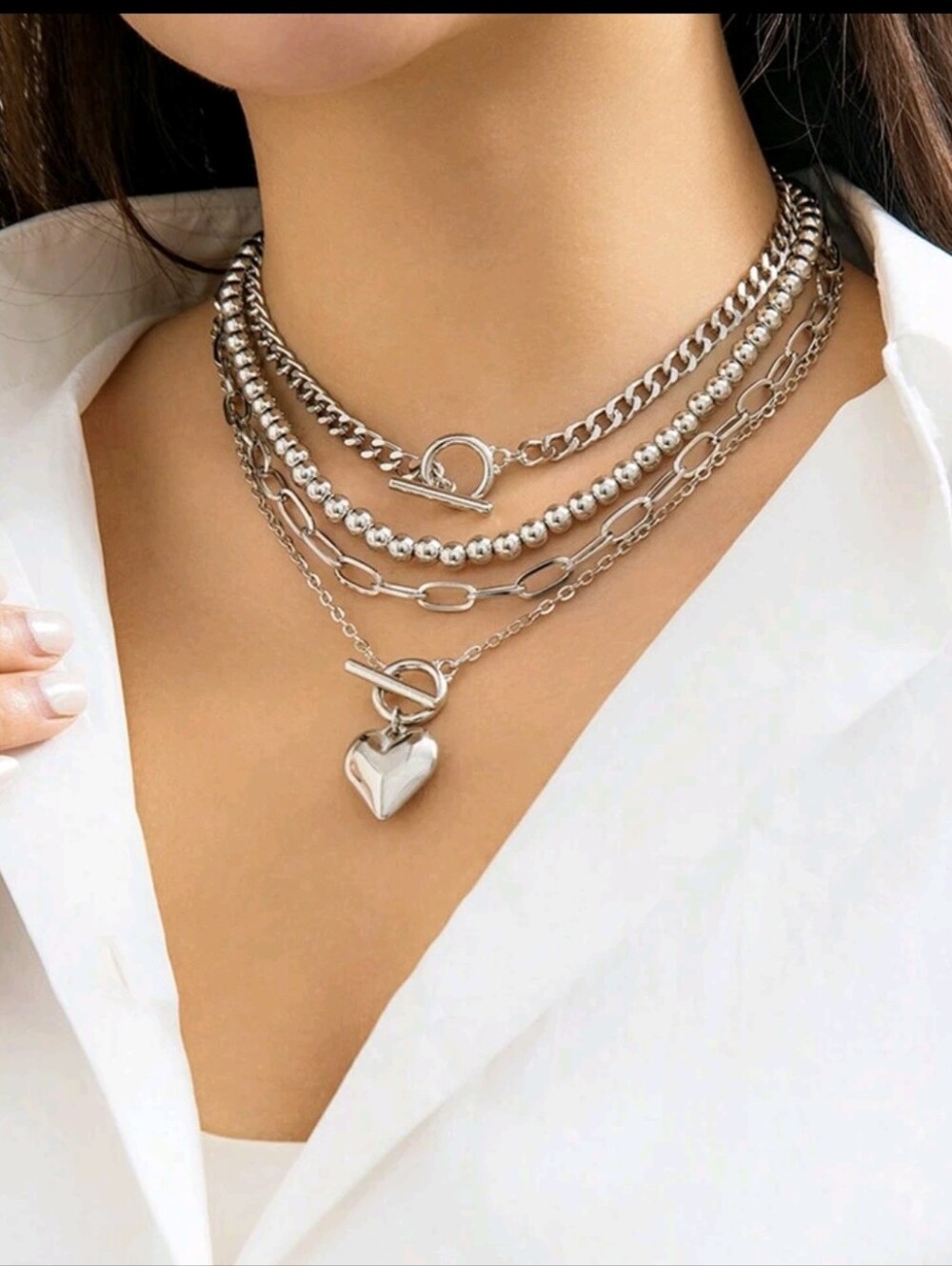 Silver Multi-Layer Heart Toggle Necklace - Women Jewelry